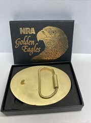 NRA Golden Eagles Belt Buckle in Original box VTG NIB USA 4&Prime;x3-1/2&Prime; Blue & Gold