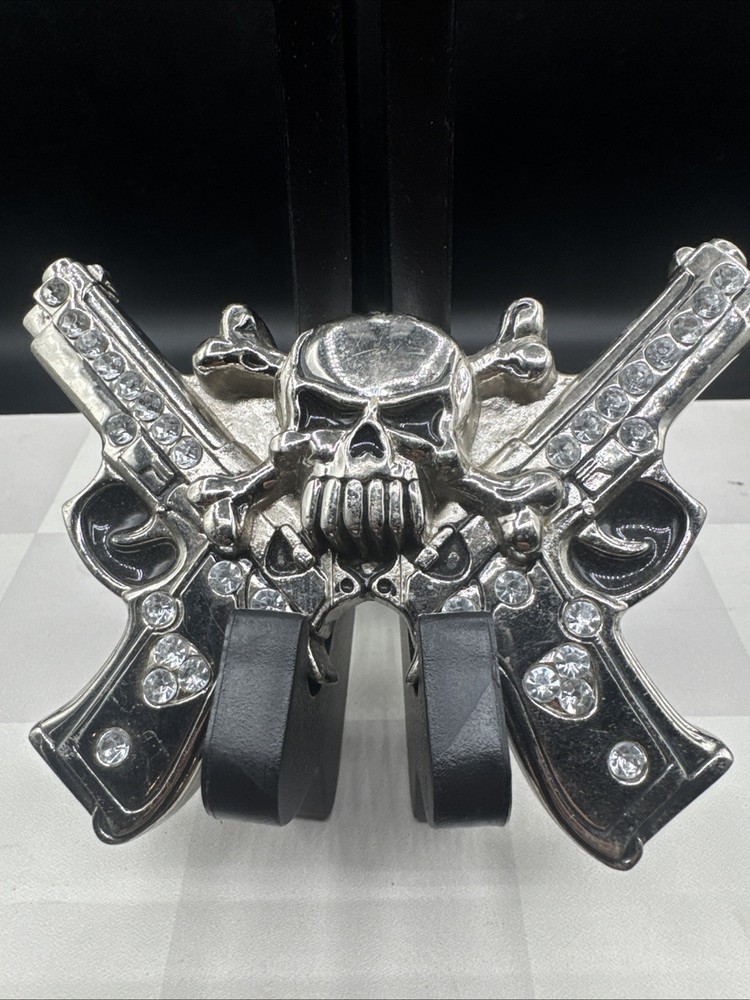 Rockin Rebel / Jeweled Skull And Guns Buckle / Rhinestones Belt Unisex 4”X3.5”