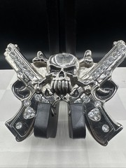 Rockin Rebel / Jeweled Skull And Guns Buckle / Rhinestones Belt Unisex 4”X3.5”