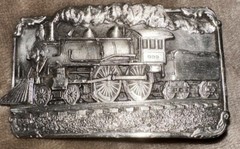Siskiyou Buckle Company 1986 Steam Engine Train Belt Buckle Silver tone Vtg 3×2”