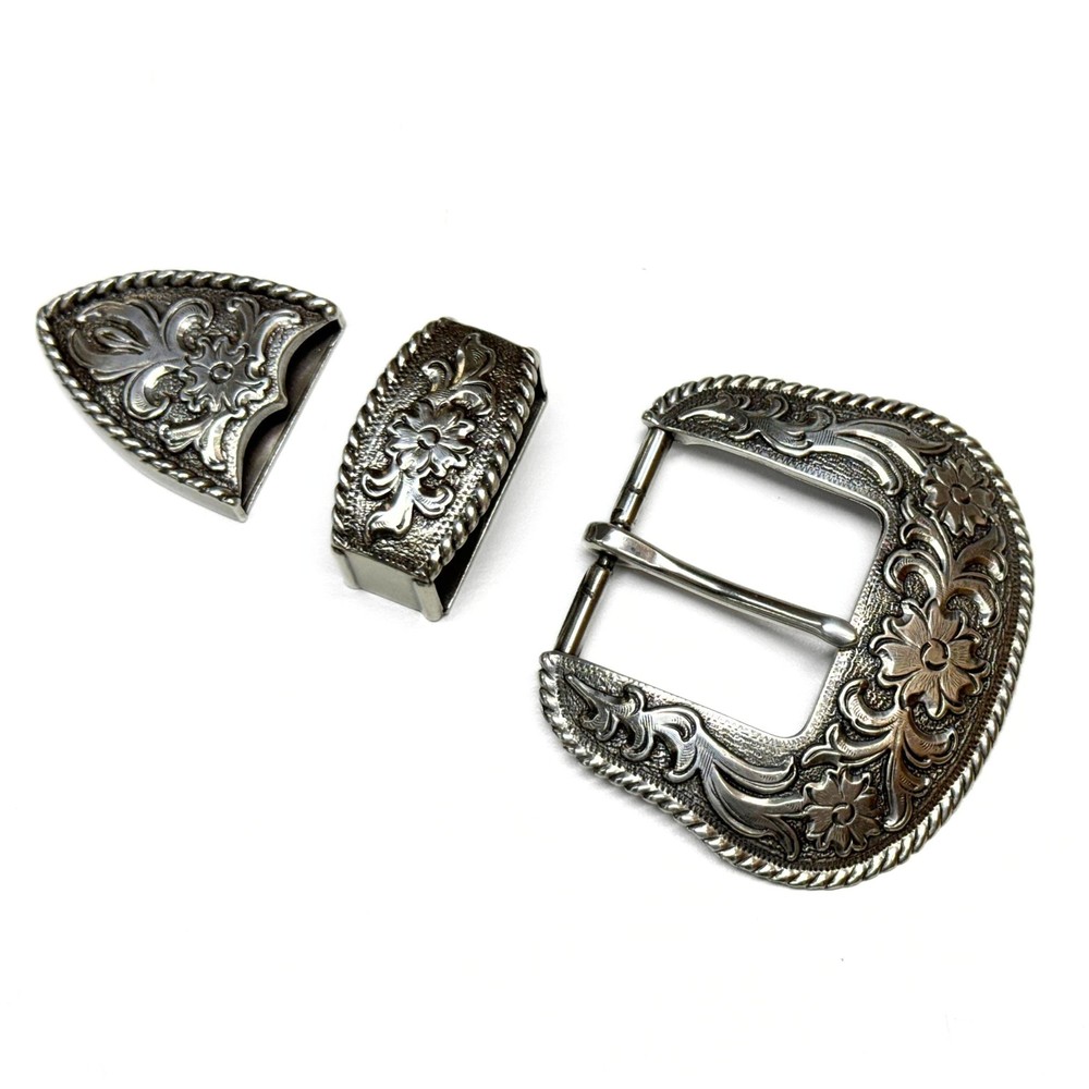 Three Piece Sterling Silver Plated Belt Buckle Set – Fits up to 1.5&Prime; Belts