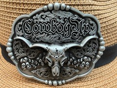 Western Cowboy Antiqued Silver Long Horn Bull Cowboy Up Belt Buckle