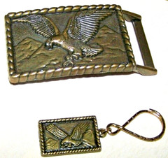Brass Relief American Eagle spanned wings & mountains Belt Buckle and Key Chain