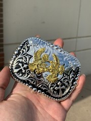 Western Buckle Gold Black Silver Rooster Cowboy 2 »Buckle Hebilla Vaquero Gallo