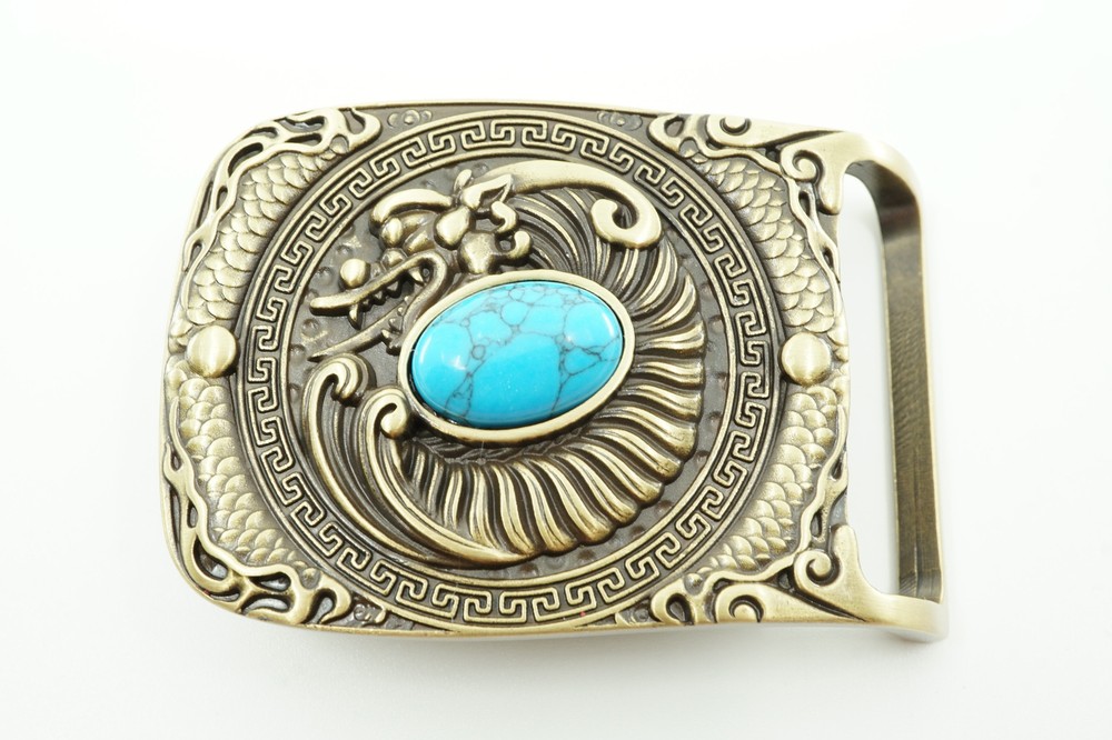 Western Dragon Turquoise Stone Rectangle Solid Brass Metal Belt Buckle