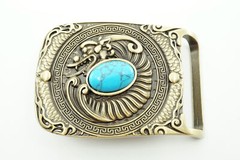 Western Dragon Turquoise Stone Rectangle Solid Brass Metal Belt Buckle