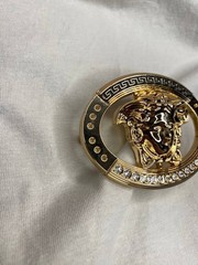 Gold Medusa Head Belt Buckle Black Greek Key Crystal Oval