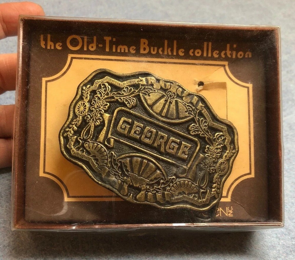 Old Time Belt Buckle By Oden Engraved Name GEORGE Brass 3&Prime; wide