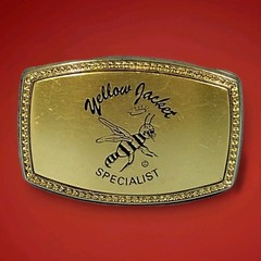 Vintage Yellow Jacket Specialist Belt Buckle Oil Drilling RN# 681 Gold Color