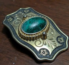 Vtg Southwestern Emerald Green Gem Stone Gold Tone With Black Belt Buckle