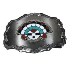 Men&rsquo;s Belt Buckle Enamel Sun Face Southwestern Tribal Style Blue Red Black