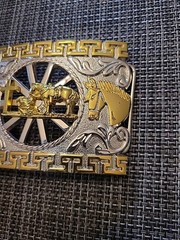 Unbranded Belt Buckle, Silver And Gold Tone Cowboy Kneeling Horse Cross