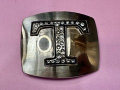 Letter Initial T – Silver color Vintage Belt Buckle – Missing Rhinestone?