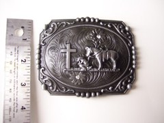 Belt Buckle Praying Cowboy Kneeling at Cross Western Floral Large 4.5&Prime;x 3.5&Prime;
