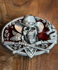 Cowboy Skull Maroon Belt Buckle Western Gothic Biker Style Skull Guns Rodeo Punk