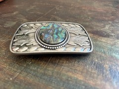 Abalone Shell Belt Buckle Engraved Silver Turquoise Inlay Fits 1.5 Inch Belt