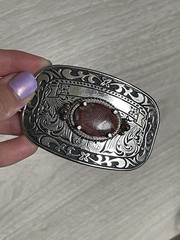 VTG Western Country Silver Tone Rhodochrosite Stone Belt Buckle 3.25&Prime; x 2&Prime;