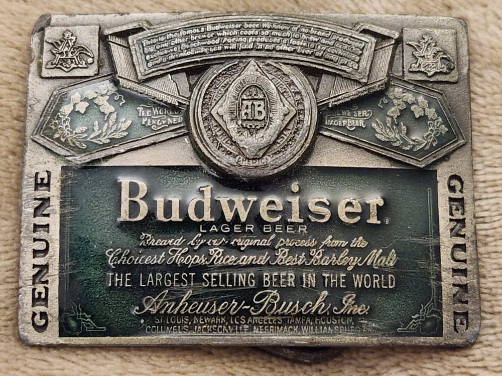 Vtg Indiana Metal Craft Anheiser Busch Budweiser Beer Enamel Belt Buckle BB27