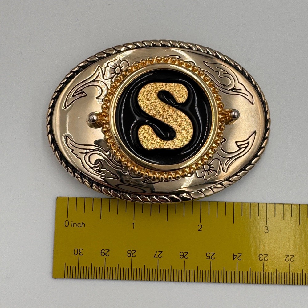 Vintage Western Belt Buckle Gold Tone Initial S Black Enamel Oval Made in USA