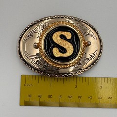 Vintage Western Belt Buckle Gold Tone Initial S Black Enamel Oval Made in USA
