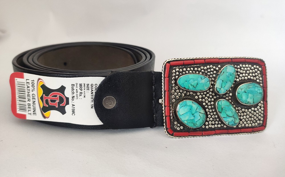 Tibetan Silver Buckle Leather Belt waist trap Turquoise Coral Clasp, BB2