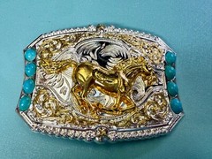 Running Galloping Mustang Stallion Horse W/ Faux Turquoise Stones Belt Buckle