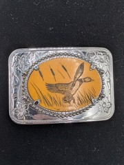 Vtg Mallard Duck Scrimshaw Style Belt Buckle Resin Wildlife Western Mens Olson