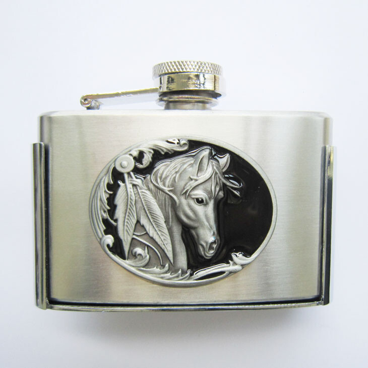 3oz. Horse Head Stainless Steel Flask Metal Removable Concealed Belt Buckle