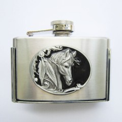 3oz. Horse Head Stainless Steel Flask Metal Removable Concealed Belt Buckle