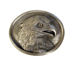 Vintage 1984 Bergamot Brass Works Eagle Head Oval Silver Tone Belt Buckle USA