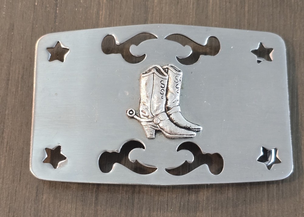 Vintage Silver Tone Cowboy Boots Spurs Belt Buckle With Cutout Pattern & Stars