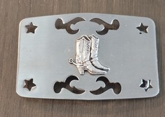 Vintage Silver Tone Cowboy Boots Spurs Belt Buckle With Cutout Pattern & Stars