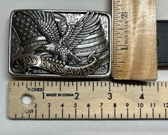 Patriotic Buckle & Black Bonded Leather Belt Sz 44 God Bless America Eagle Flag