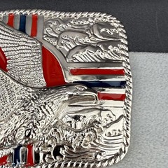 Vintage Buckle Silver Tone Eagle Hawk Enamel Patriotic