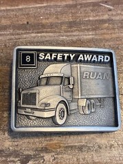 2 Vtg Ruan Semi Trucking Pewter Belt Buckle Made in USA 3 & 8 Year Safety Award