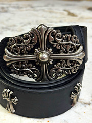 Belt Leather Black Chrome Tone Cross Buckle Size 32 Regular