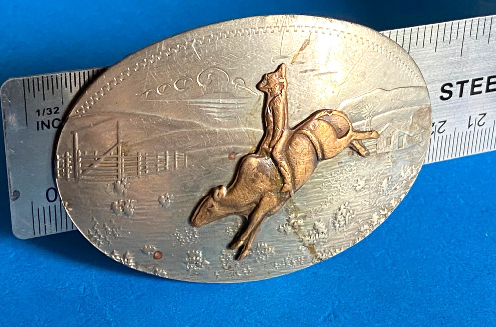Vintage German Silver Western Cowboy Bull rider Rodeo Belt Buckle
