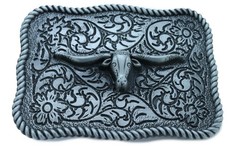 Men Buckle Silver Metal Bull Square Western Fashion Texas Long Horn Cow TX Style