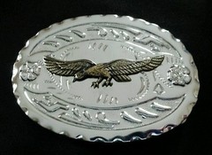 SPREAD WING BRASS TONED EAGLE WESTERN BELT BUCKLE SILVER TONED BACKGROUND