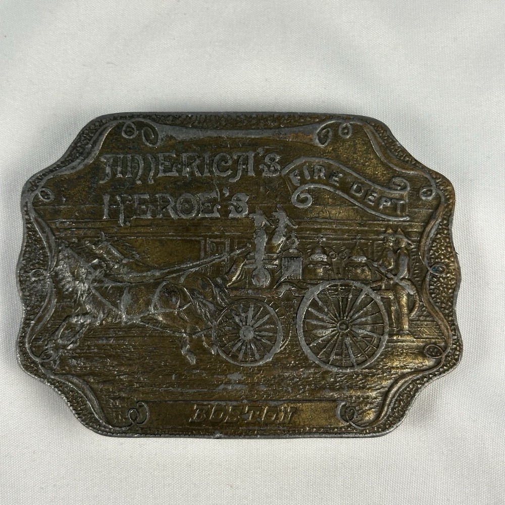 Vintage Bergamot Brass Works America’s Heroes Fire Dept Boston Brass Belt Buckle