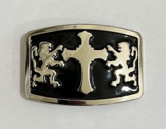 Mens Belt Buckle Black Silver With Double Lions and Cross 4×3” Vintage