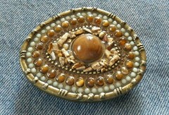 BROWN MULTI COLOR BEADED RHINESTONE STONE PIECES BELT BUCKLE DECORATIVE DESIGN