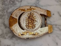 Western Rodeo Belt Buckle Virgin Mary Guadalupe Horse Shoe Silver Gold Tones