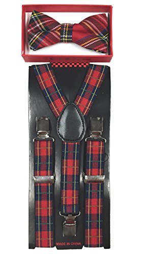 Red Plaid Tartan Suspenders & Bowtie Matching Set Baby Toddler Kids Wedding