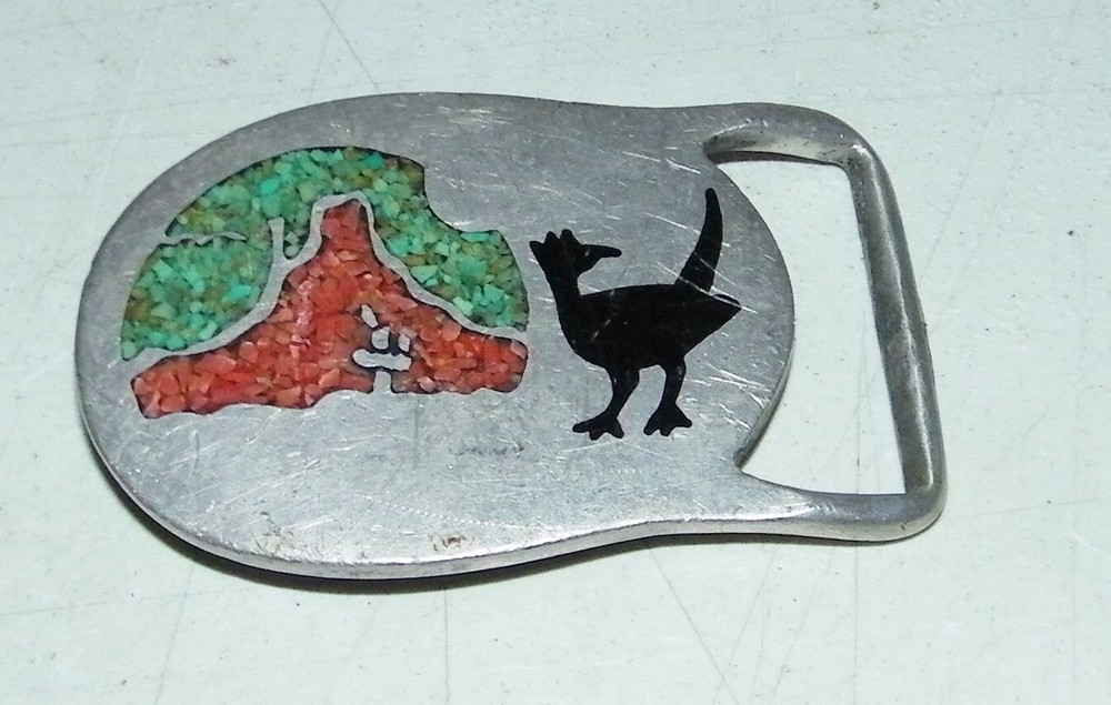 Vintage Pewter RJ Southwestern Inlay Turquoise Coral Belt Buckle Good Condition