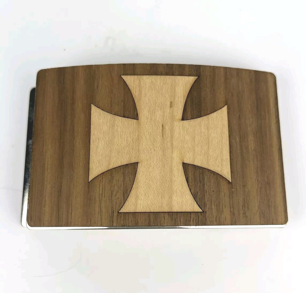 Iron Cross Belt Buckle Hand Crafted 2 Tone Wood Inlay Over Metal 3 3/4&Prime; X 2 3/8&Prime;