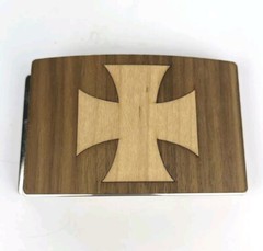 Iron Cross Belt Buckle Hand Crafted 2 Tone Wood Inlay Over Metal 3 3/4&Prime; X 2 3/8&Prime;
