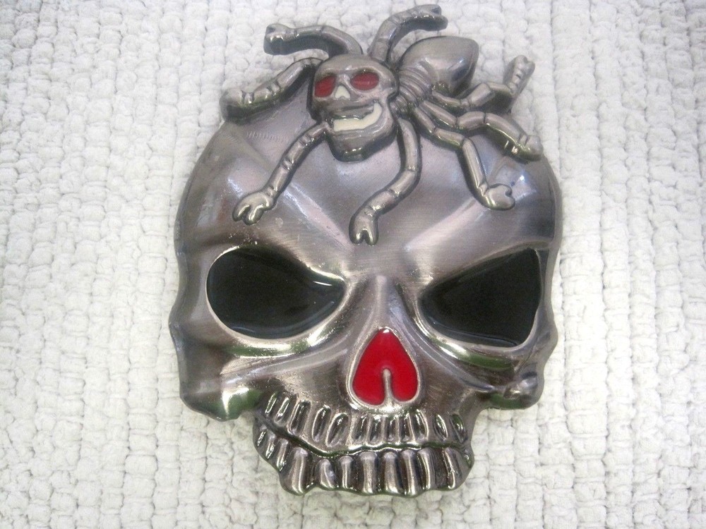 Folk Art Chrome Colored Skull w/Eight Legged Spider Belt Buckle 3&Prime; x 3 3/4&Prime;