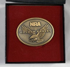 2 NRA National Rifle Association Brass Belt Buckles Golden Eagles in Boxes