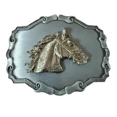 Vintage Horse Head Western Pewter Belt Buckle Raintree Made In USA 70s